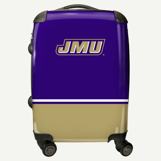 JMU hardside carry-on luggage with purple and gold design, featuring the James Madison University logo.