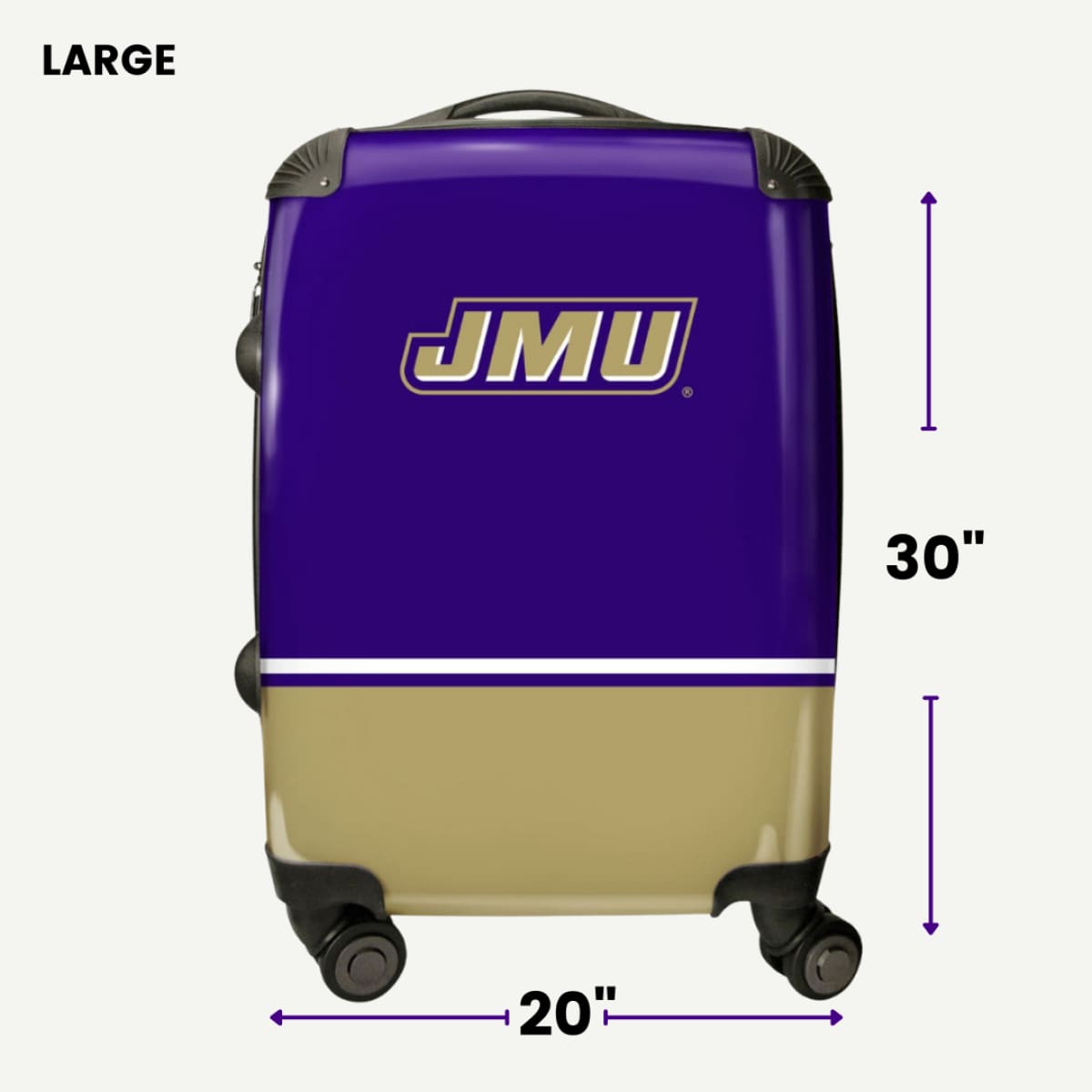 Luggage with JMU logo and dimensions on a white background