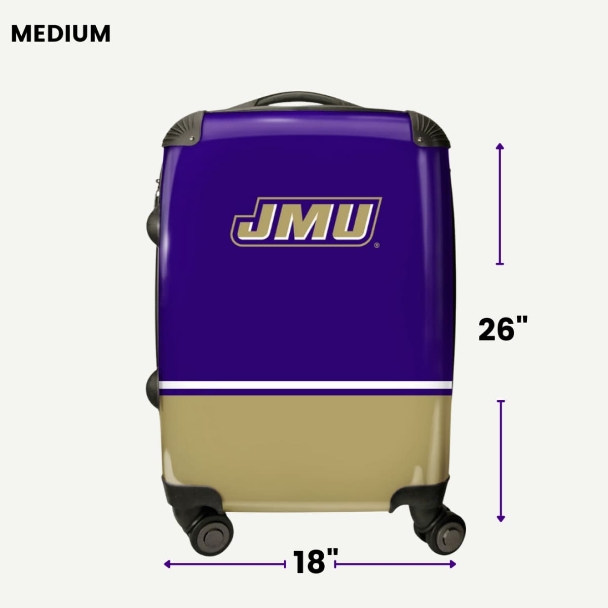 Purple and beige suitcase with JMU logo and measurements on a white background