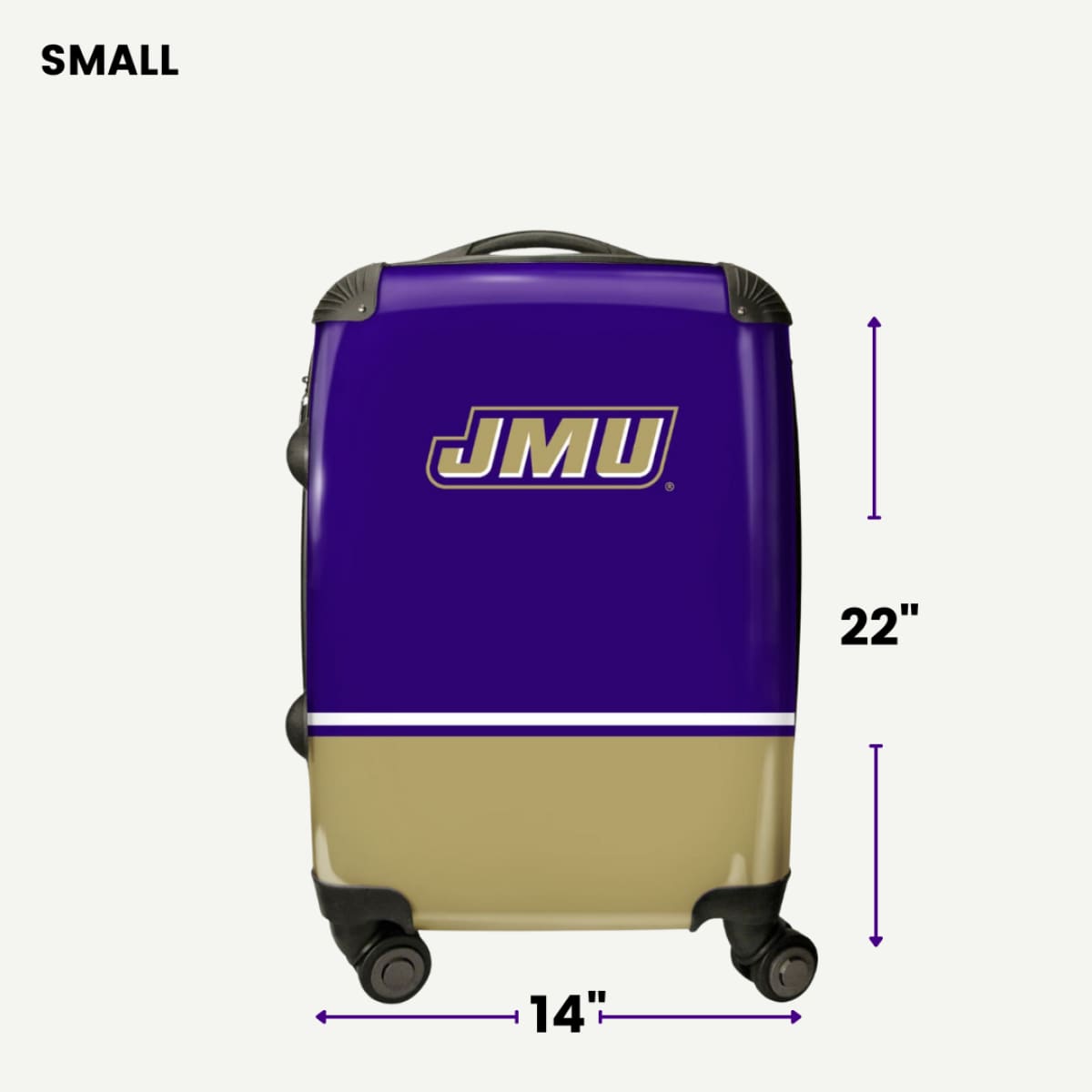 Purple and gold suitcase with JMU logo and measurements on a white background