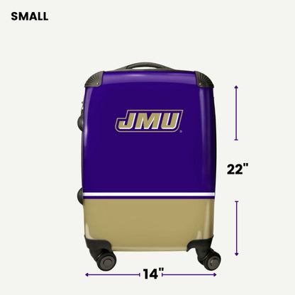 Purple and gold suitcase with JMU logo and measurements on a white background