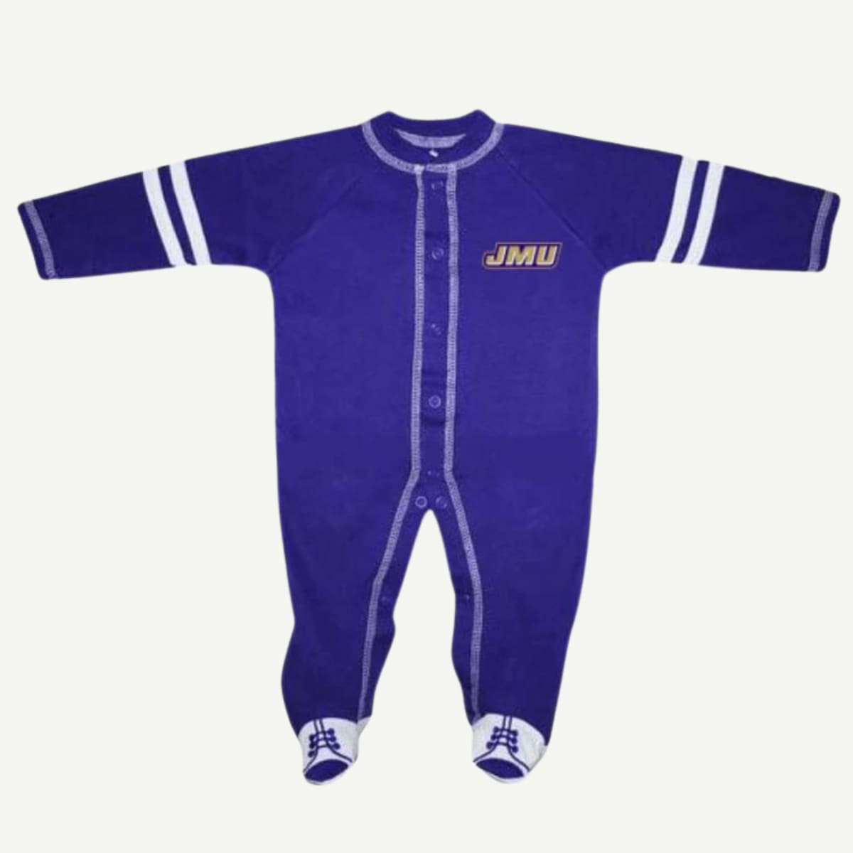 JMU Infant Football Footed Romper, Official JMU Baby Apparel, Football Spirit Romper, Cotton Infant Romper, Long Sleeve Romper, Snap Closure, Tennis Shoes Design