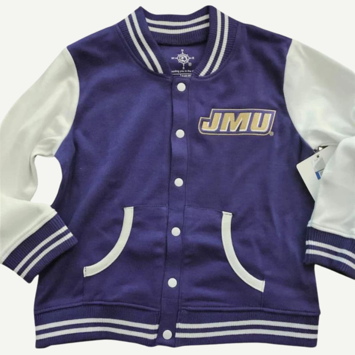 JMU Infant/Toddler/Youth Embroidered Varsity Jacket, Official JMU Kids Apparel, Lightweight Cotton Jacket, Rib Knit Sleeves, Bottom, and Neck, Two Front Pockets, JMU Embroidery