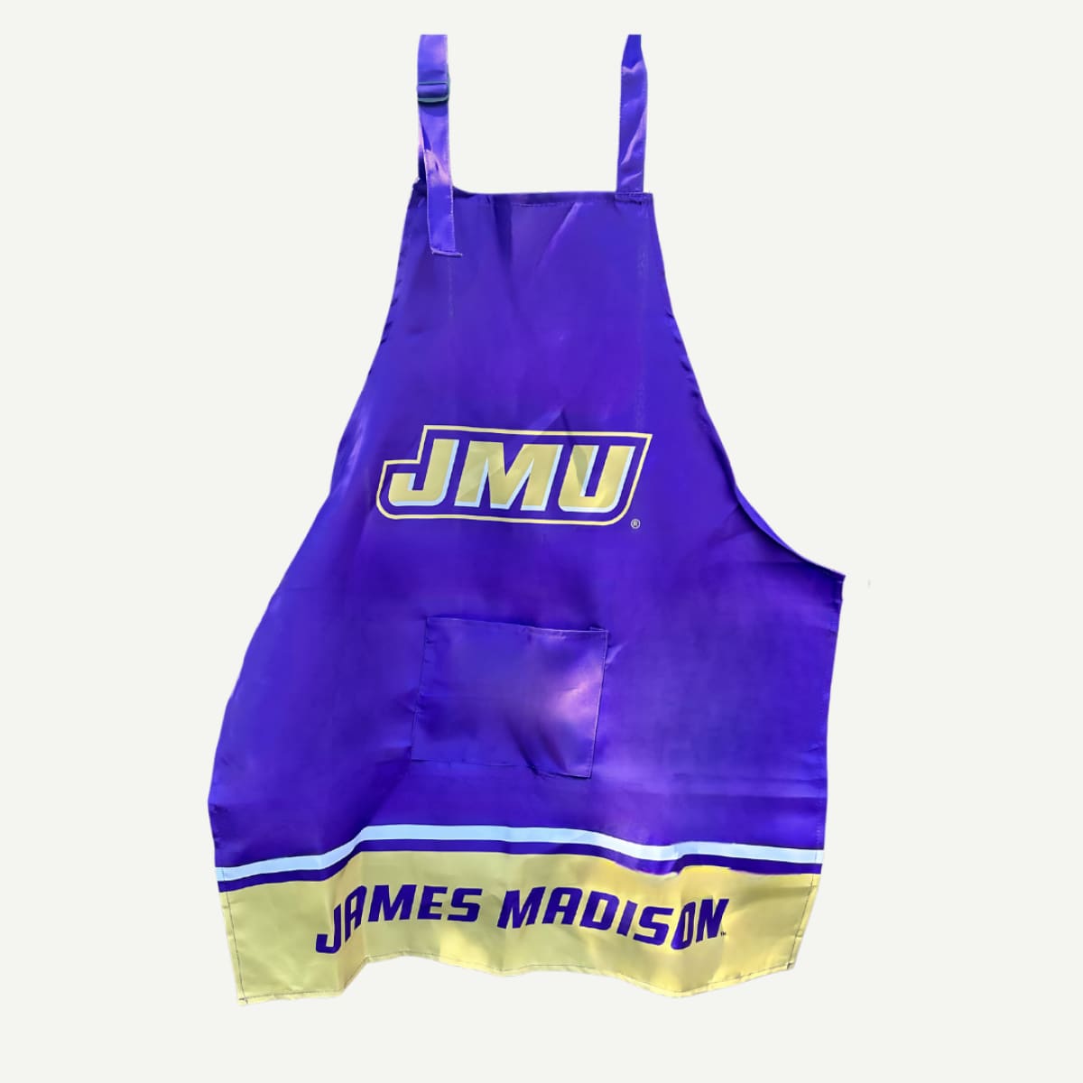 Purple apron with 'JMU' and 'James Madison' text on a white background