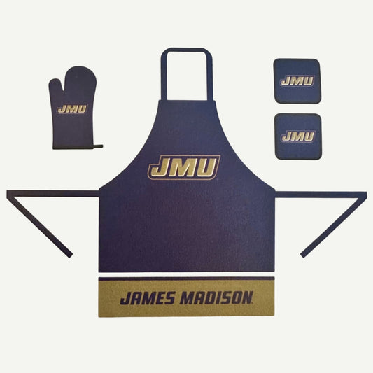 Navy apron with 'JMU' logo and 'James Madison' text, matching oven mitt and coasters on a white background.