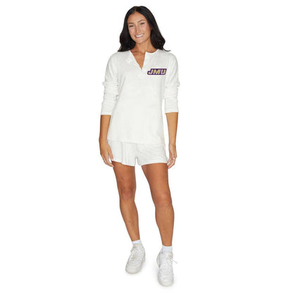 Our JMU Dukes Cozy Set is here! You will want to live in this cozy and cute outfit. Ribbed & knit with James Madison University's printed logo. Sold as a set. Go JMU Dukes! 60% Cotton, 40% Polyester. Fits true to size. Officially Licensed by Lo + Jo Bands