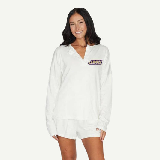 Our JMU Dukes Cozy Set is here! You will want to live in this cozy and cute outfit. Ribbed & knit with James Madison University's printed logo. Sold as a set. Go JMU Dukes! 60% Cotton, 40% Polyester. Fits true to size. Officially Licensed by Lo + Jo Bands