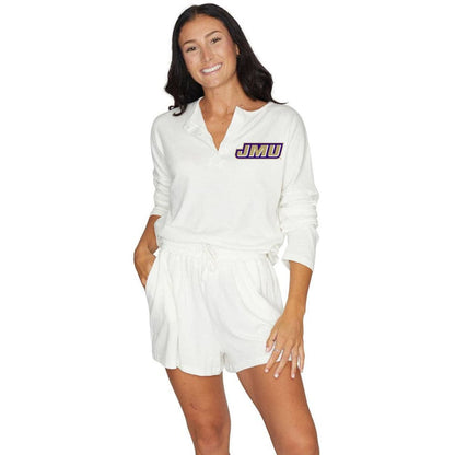 Our JMU Dukes Cozy Set is here! You will want to live in this cozy and cute outfit. Ribbed & knit with James Madison University's printed logo. Sold as a set. Go JMU Dukes! 60% Cotton, 40% Polyester. Fits true to size. Officially Licensed by Lo + Jo Bands