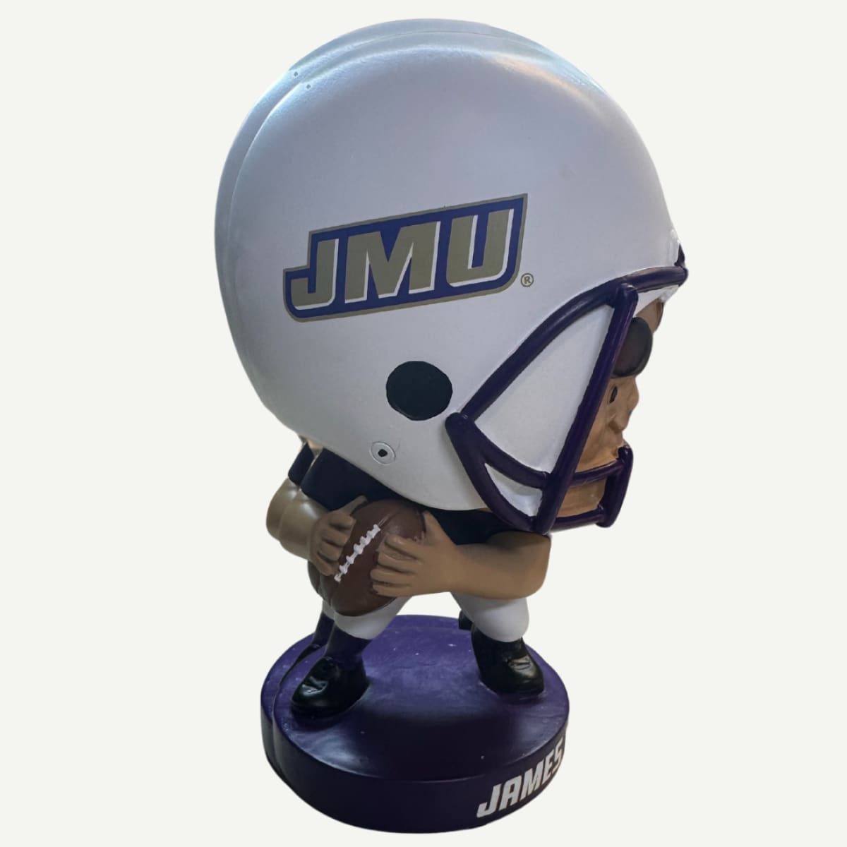 Right-side angle of the JMU Lil Big Head Mascot Garden Statue, highlighting the vibrant team colors and sturdy resin material.