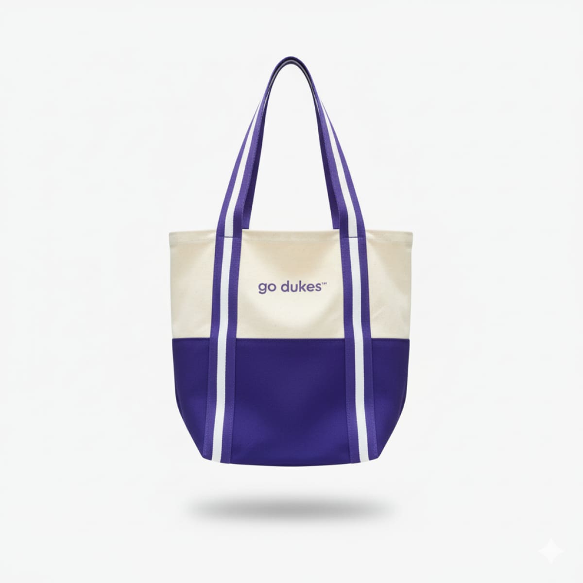 Tote bag with purple and white design on a light gray background