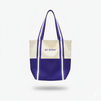 Tote bag with purple and white design on a light gray background