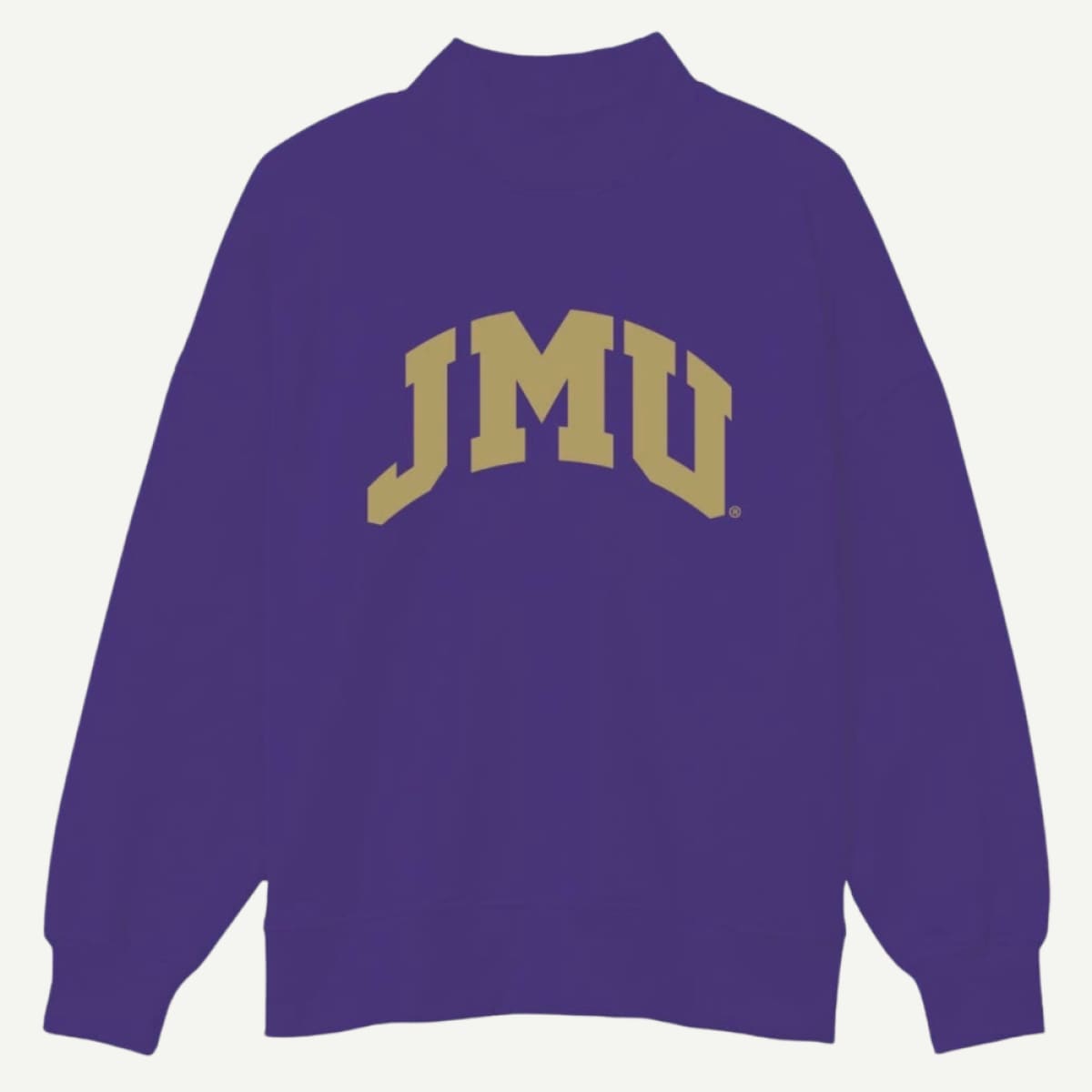 Purple sweatshirt with 'JMU' printed on it against a white background