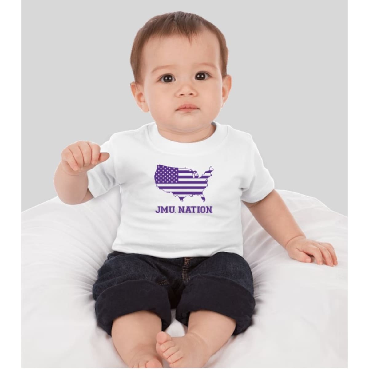 JMU Nation Infant/Child Short Sleeve Shirt, Official JMU Kids Apparel, 100% Combed Ringspun Cotton, Fine Jersey Fabric, Topstitched Ribbed Collar, Double-Needle Hem Sleeves