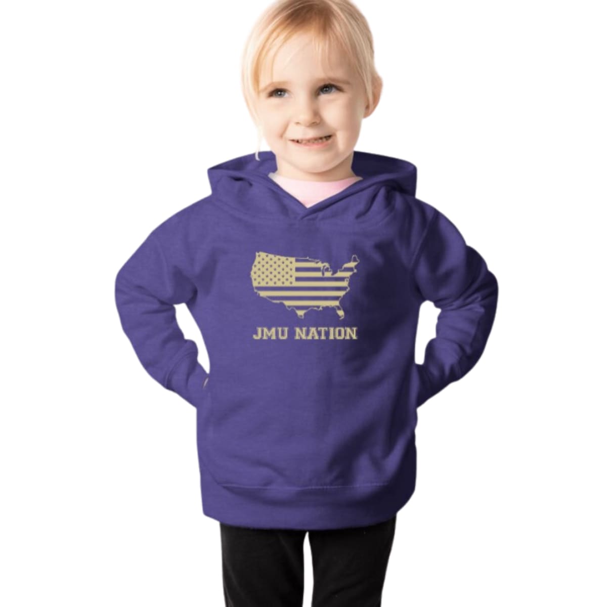 Toddler JMU Hoodie, JMU Nation Hoodie for Toddlers, Cotton Polyester Fleece, Jersey-Lined Hood, Topstitched Hood and Neck, Coverstitched Shoulders, Armholes, Ribbed Cuffs, Waistband, Pockets - 2T / PURPLE