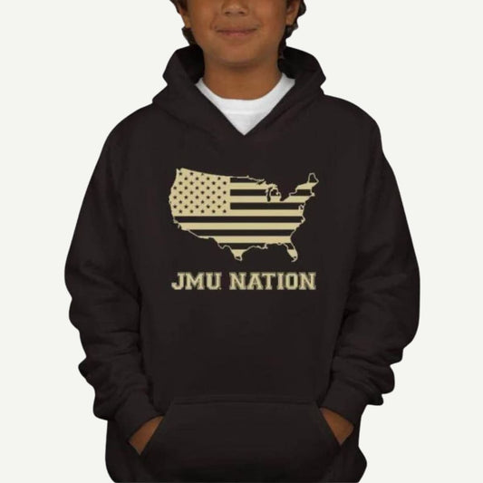 JMU Nation Youth Hoodie, Heavy Blend, 50% Cotton 50% Polyester, 8 Ounce, Pill-Resistant Air Jet Yarn, Double-Needle Stitching, Double-Lined Hood, Pouch Pocket, Ribbed Cuffs and Waistband, No Drawcord