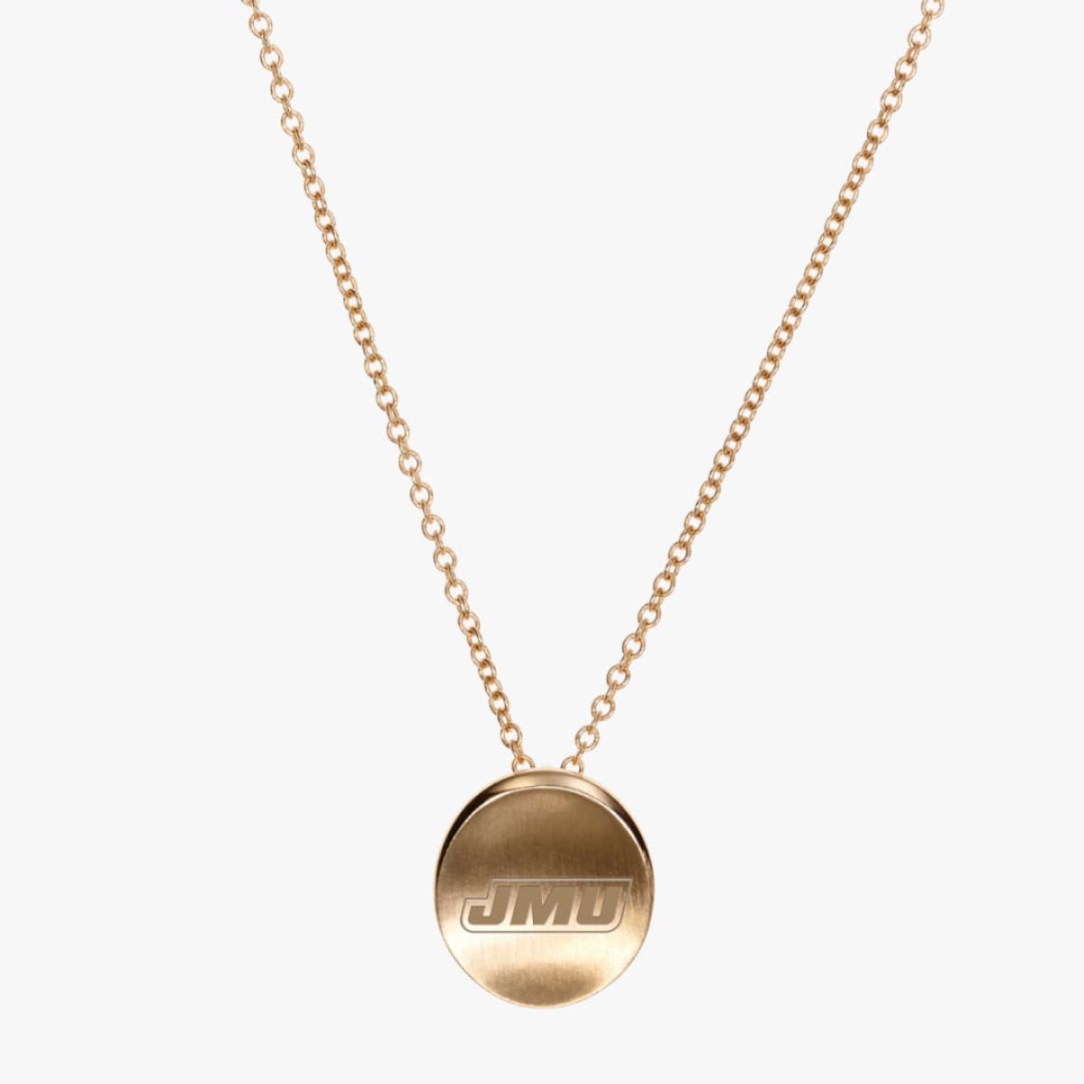 Close-up of JMU Organic Petite Necklace, engraved pendant, adjustable chain, Kyle Cavan Jewelry- CAVAN GOLD™