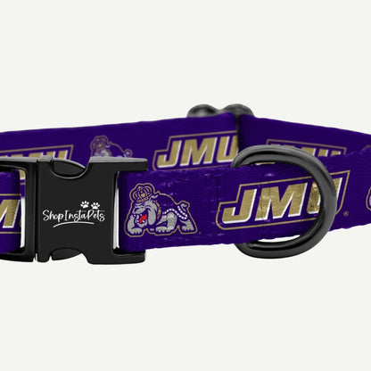 JMU Pet Collar side view showcasing durable purple strap with JMU branding.