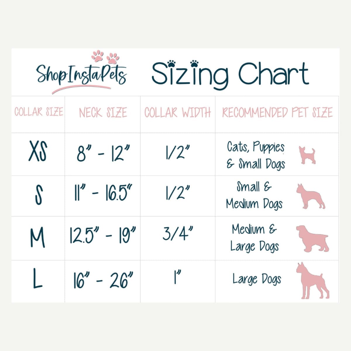 JMU PET COLLAR SIZE CHART