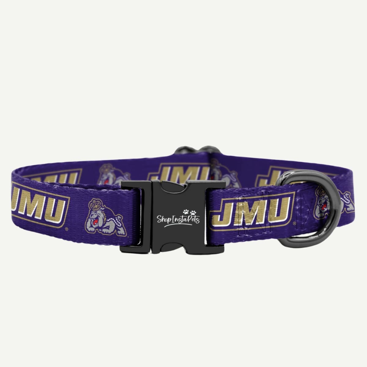 JMU Pet Collar front view with JMU logo and mascot design by Purple Nation.