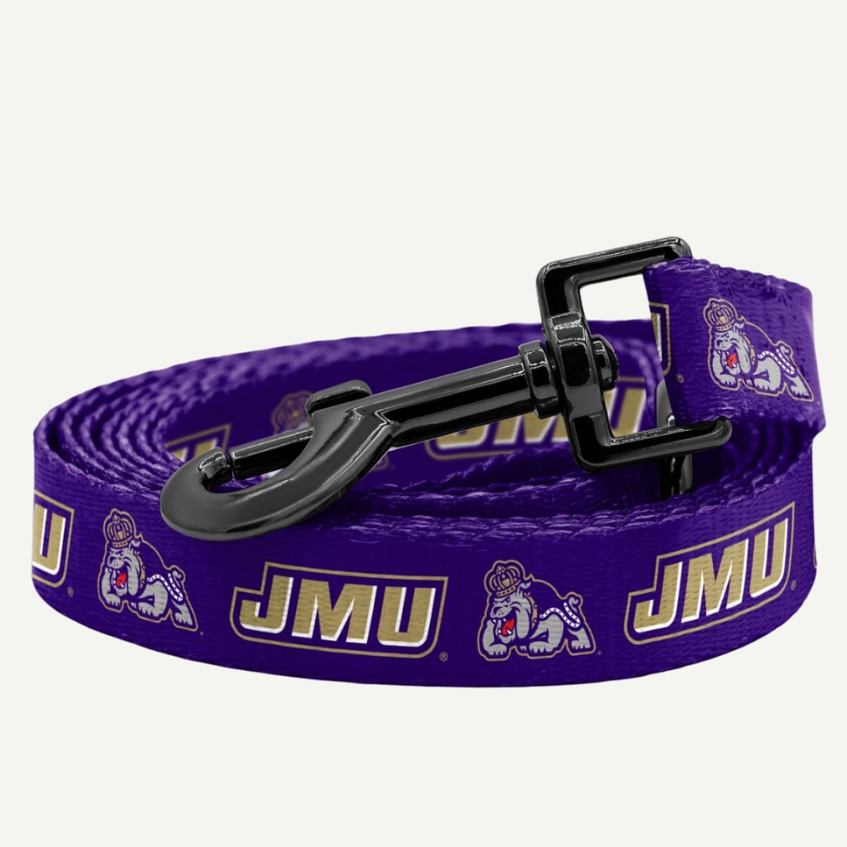 JMU Pet Leash front view showcasing JMU logo and mascot design on durable purple material