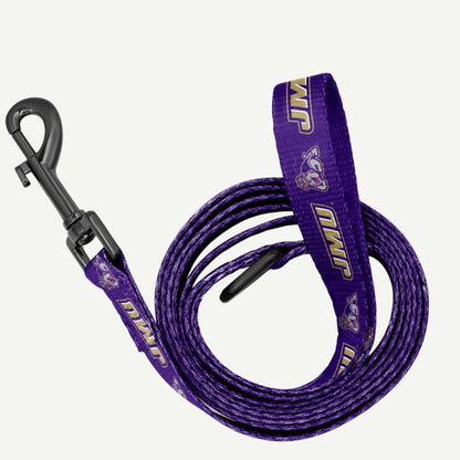 JMU Pet Leash  TOP view showcasing JMU logo and mascot design on durable purple material