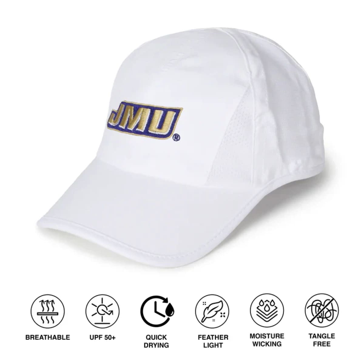 JMU White Active Cap with UV protection, breathable panels, and moisture-wicking sweatband. -SIDE