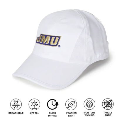 JMU White Active Cap with UV protection, breathable panels, and moisture-wicking sweatband. -SIDE