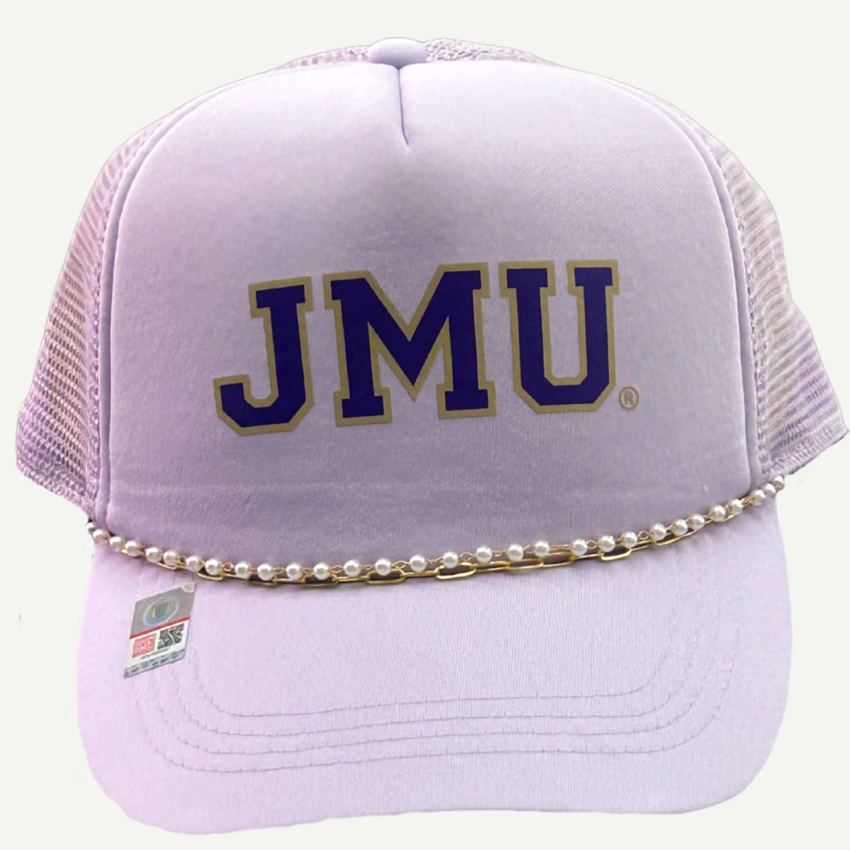 JMU Ponyflo Trucker Chain Cap with a lavender color, gold and white pearl chain, and signature style.