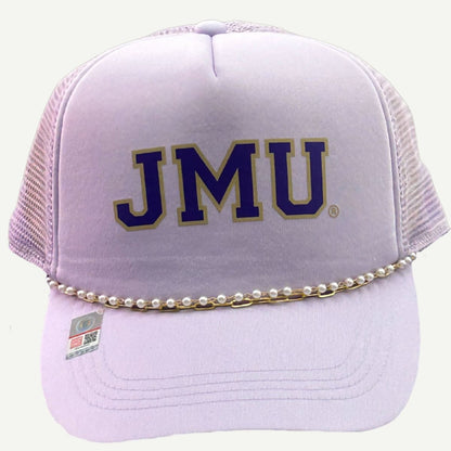 JMU Ponyflo Trucker Chain Cap with a lavender color, gold and white pearl chain, and signature style.