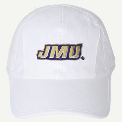 JMU White Active Cap with UV protection, breathable panels, and moisture-wicking sweatband.