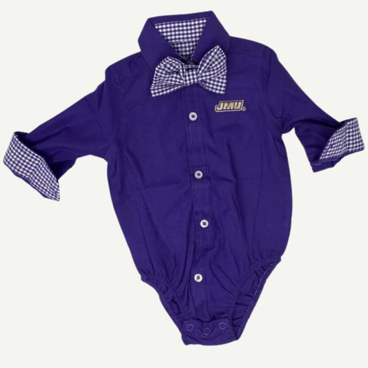 JMU Purple Bodysuit with Gingham Bow Tie, Official JMU Baby Apparel, Stylish Baby Bodysuit, Purple Body, Gingham Collar Lining, Contrast Cuffs, Removable Bow Tie, Working Buttons, Snap Closure