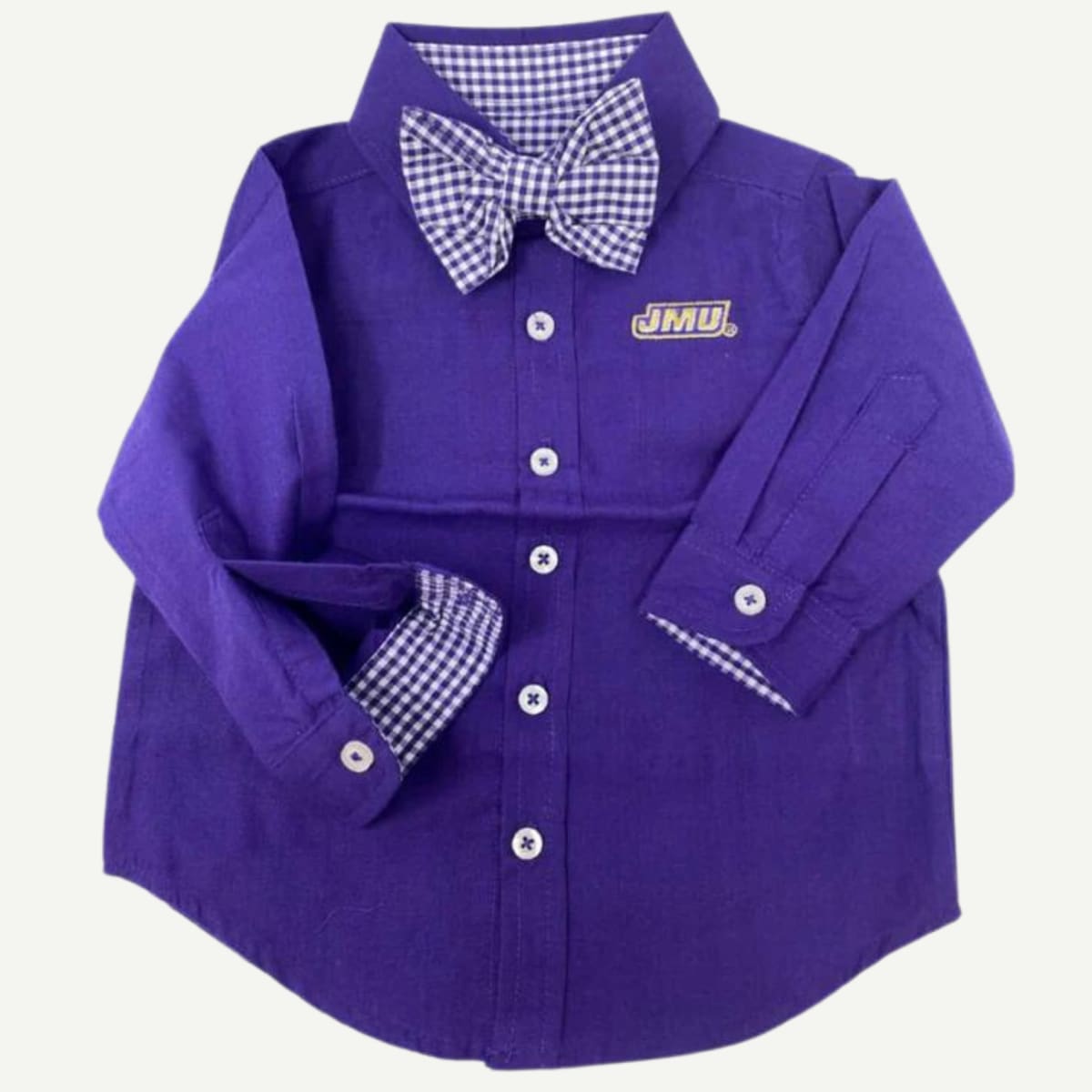 JMU Purple Dress Shirt with Gingham Bow Tie, Official JMU Baby Apparel, Stylish Baby Dress Shirt, Cotton Fabric, Gingham Collar Lining, Contrast Cuffs, Removable Bow Tie, Working Buttons