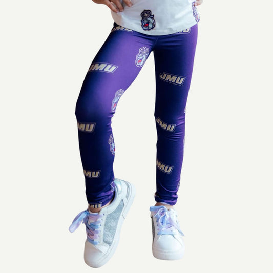 Purple leggings with 'JMU' branding worn by a person on a white background