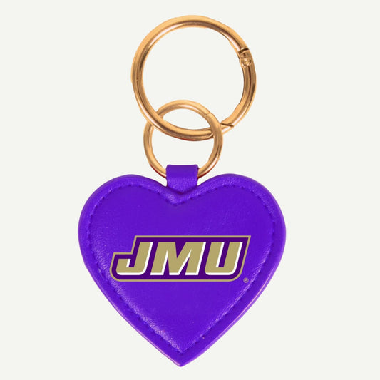 Heart-shaped JMU purse charm and key ring featuring the university’s logo – a perfect accessory for any Dukes fan.