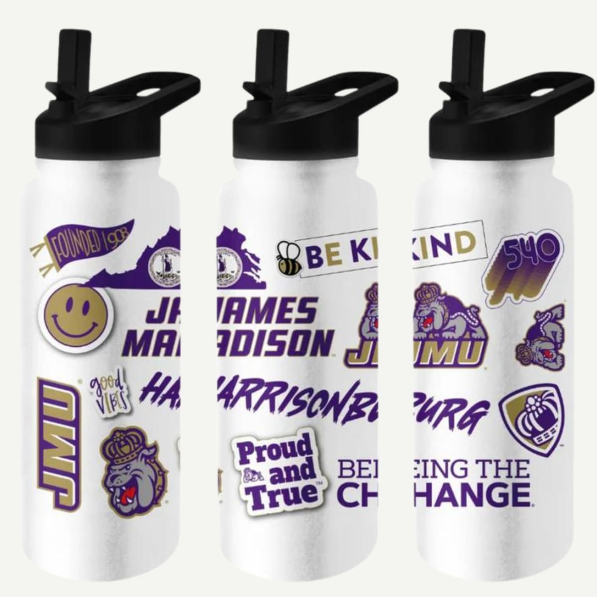 JMU Quencher Sticker Water Bottle, 34 oz. stainless steel, no-spill lid, James Madison University