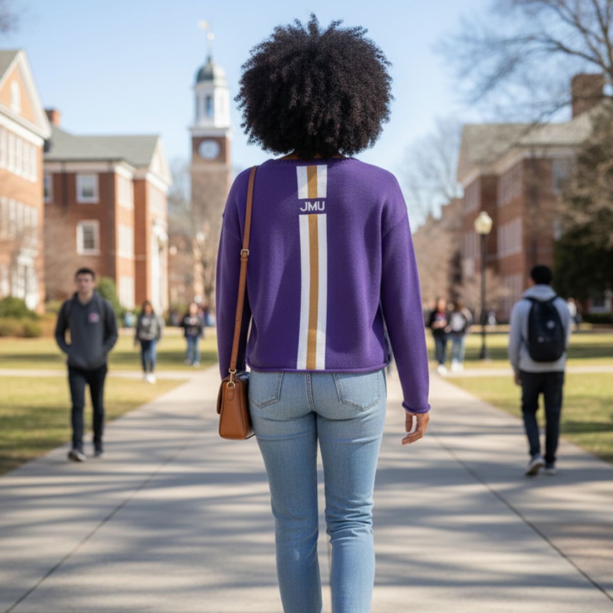 Person wearing a purple sweater with 'JMU' on the back, walking on a college campus.