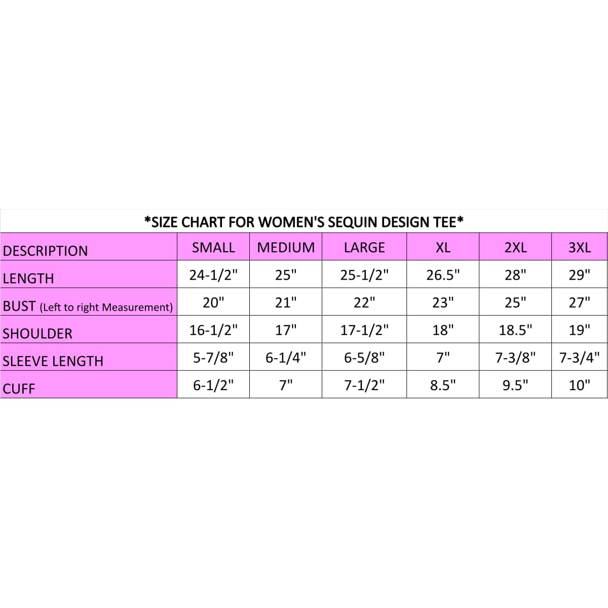 Size chart for women's sequin design tee with measurements on a pink background