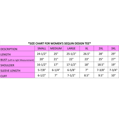 Size chart for women's sequin design tee with measurements on a pink background