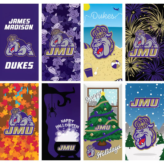 Collection of James Madison University-themed products including towels and decor with various designs.