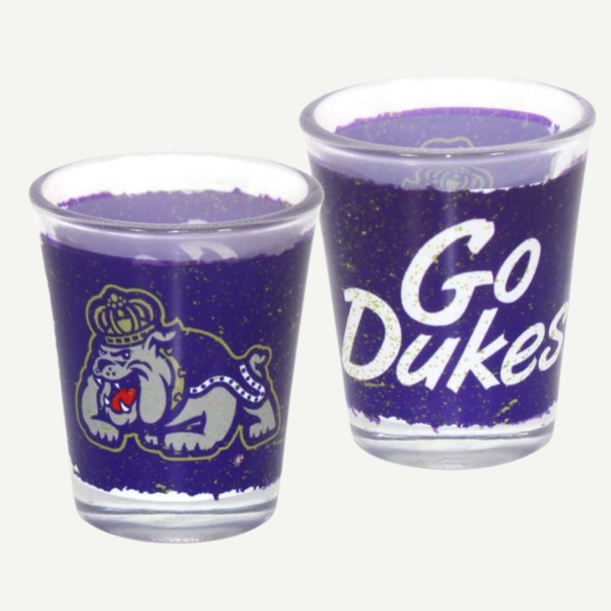 Single JMU shot glass with the university mascot and “Go Dukes” slogan in purple and gold.