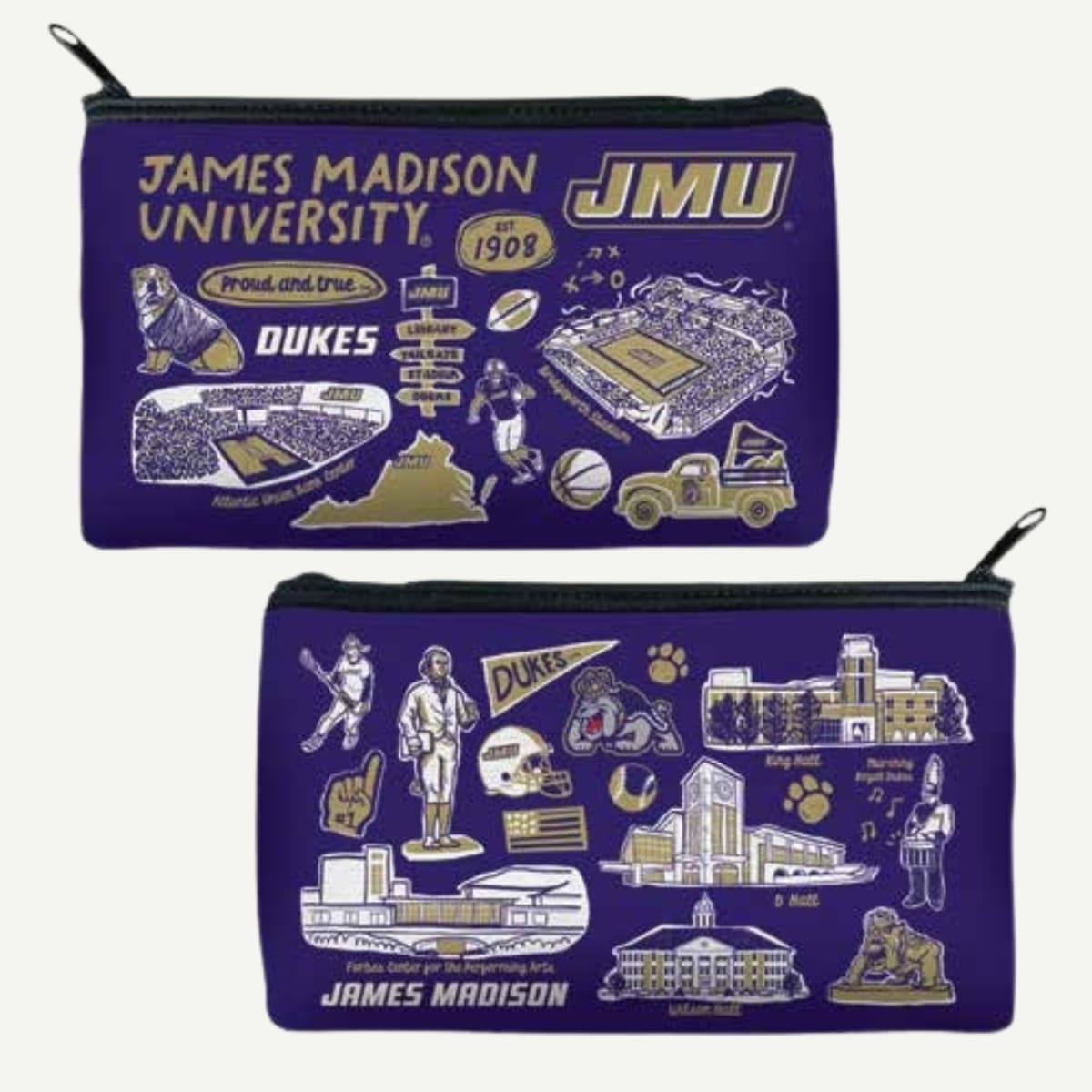 JMU Small Anything Case with JMU-themed illustrations, including campus landmarks, sports, and school spirit icons.