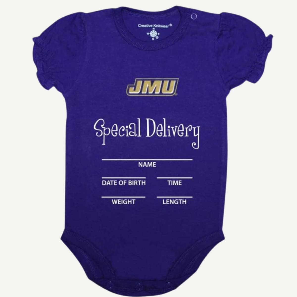 JMU Special Delivery Body Suit, Embroidered Logo, Official JMU Baby Apparel, Premium Cotton, Snap Closure, Size 0-3 Months, Pregnancy Announcement, Welcome Baby Gift