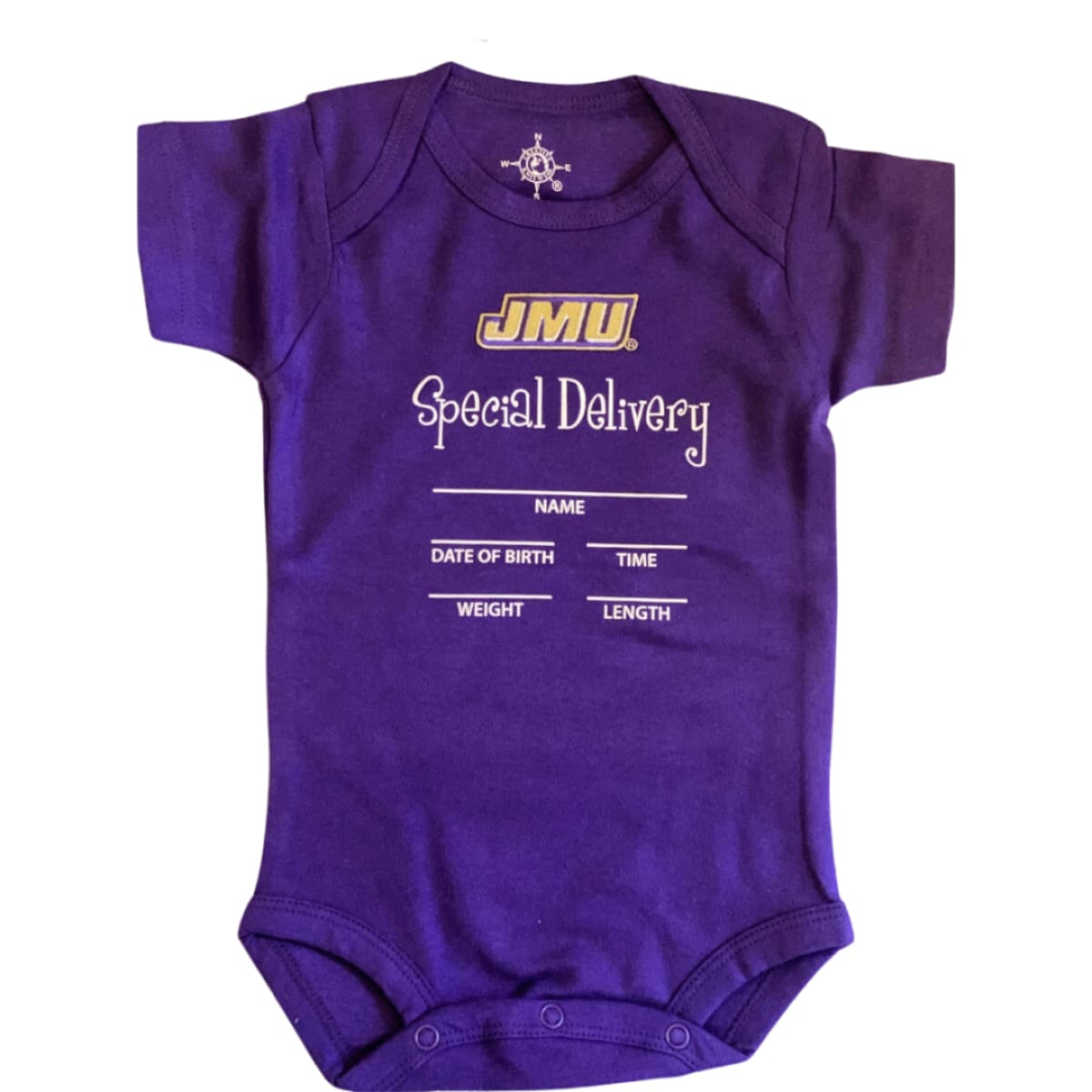 James Madison University Embroidered Body Suit, JMU Special Delivery Baby Apparel, Premium Cotton Bodysuit, Snap Bottom Closure, Size 0-3 Months, Official Merchandise