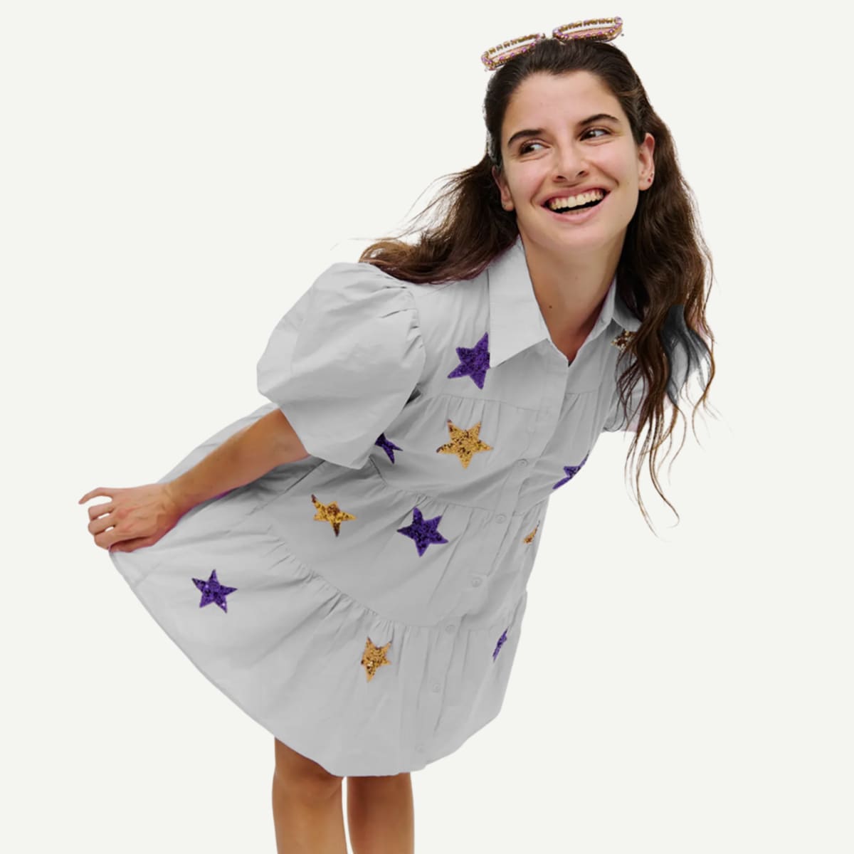 Game day dress featuring puff sleeves, button-down front, and purple and gold star sequins for JMU fans.