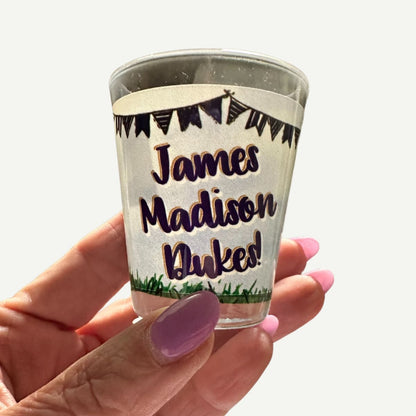 JMU Tailgate Shotglass with James Madison Dukes tailgate design