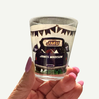 JMU Tailgate Shotglass with James Madison Dukes tailgate design