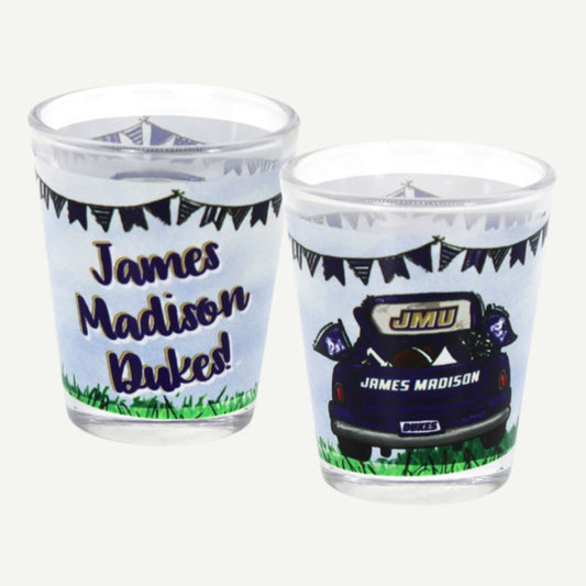 JMU Tailgate Shotglass with James Madison Dukes tailgate design