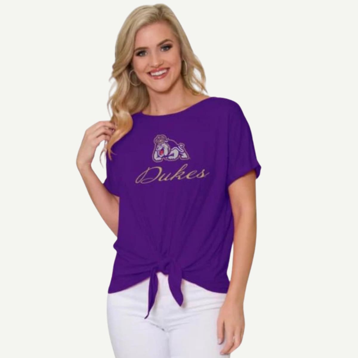 JMU Tia Tie-Front Tee, Purple Women's Apparel, JMU Dukes Tee, Made in the USA, Sizes XS-XXL