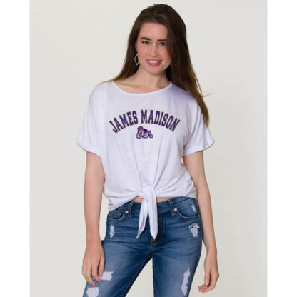 James Madison University Tia Tie-Front Tee, Versatile Style, Cropped Look, Rayon Span Blend, XS-XXL Sizes, JMU Women's Apparel Collection