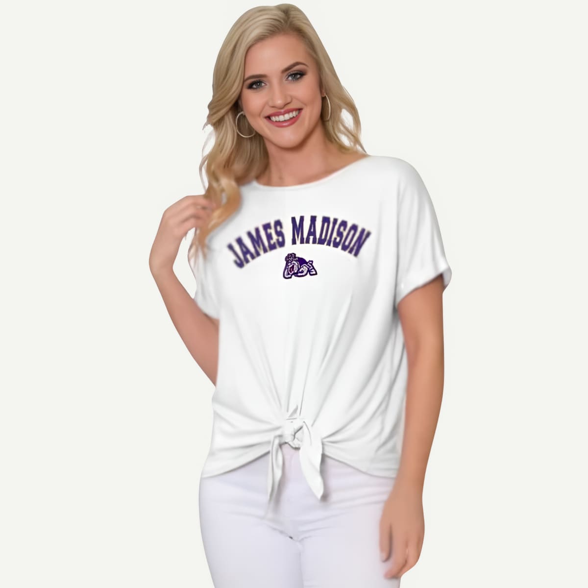 JMU Tia Tie-Front Tee, Relaxed Fit, Scoop Neck, Knotted Tie Gathering, White Out Shirt, Made in the USA, JMU Women's Apparel Collection